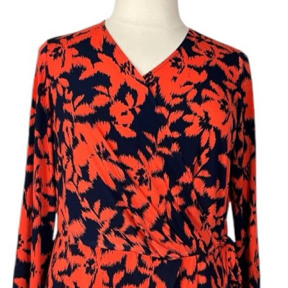 London Times Dress Faux Wrap V-neck Flare Sleeve Orange Blue Women’s Size 16W - Picture 7 of 13